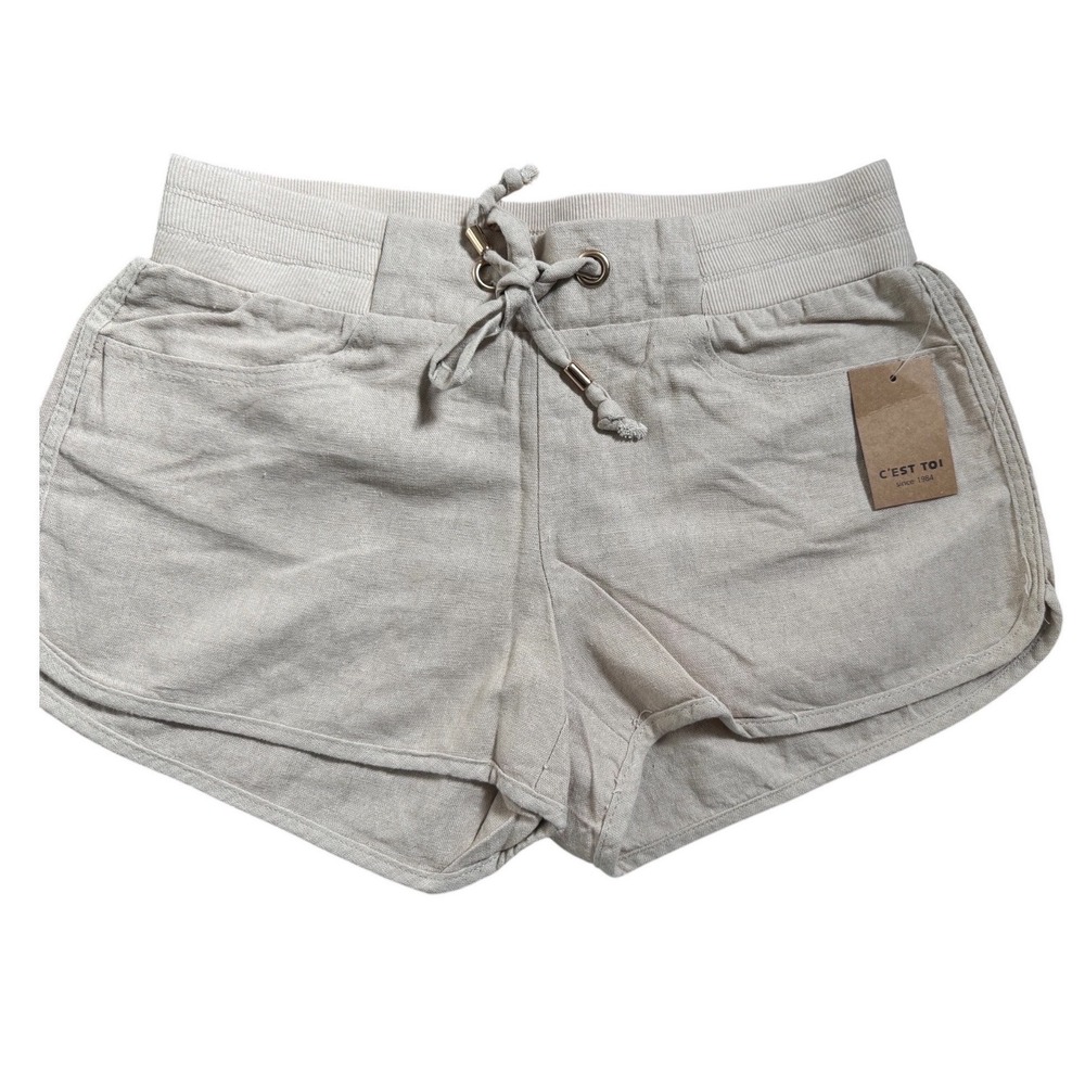 Cest Toi Womens Khaki Linen Blend Drawstring Dolphin Shorts TP549 Size S NEW - Picture 4 of 8
